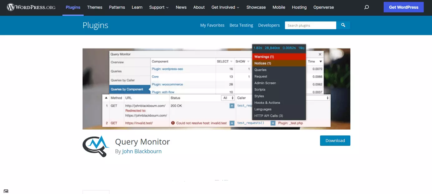 Página de inicio del desarrollador del plugin Query Monitor